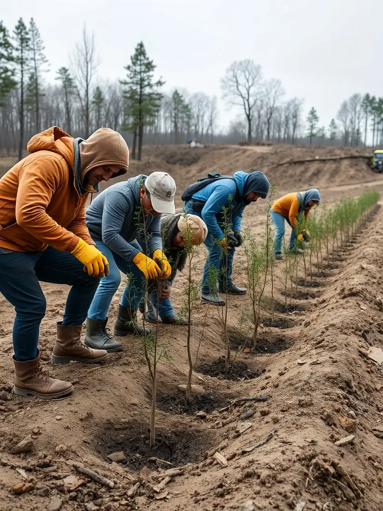 A volunteer team planting trees in a deforested area, showing active participation in habitat restoration. The image conveys a sense of community involvement and environmental stewardship.