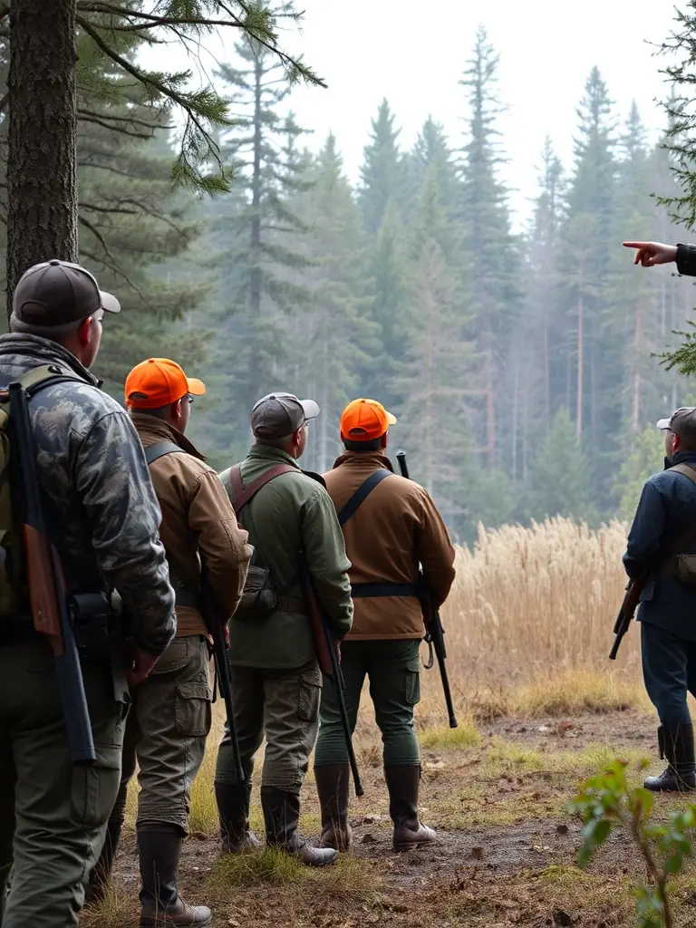 A group of hunters participating in a training session on ethical hunting practices, emphasizing safety and respect for wildlife. The image is instructional and promotes responsible behavior.