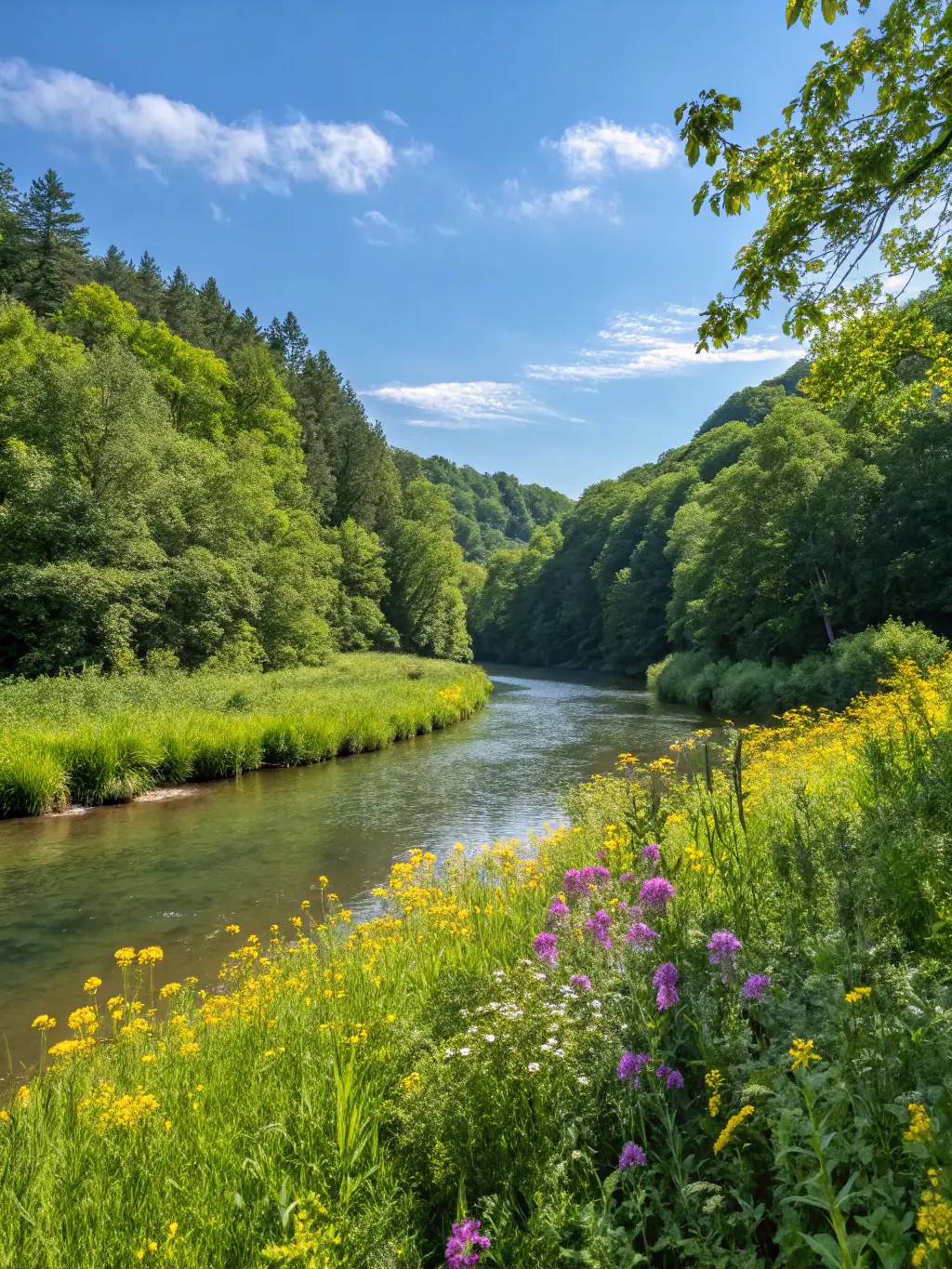 A picturesque scene of a clean river flowing through a protected natural reserve, emphasizing the importance of preserving natural resources for the benefit of the local community.