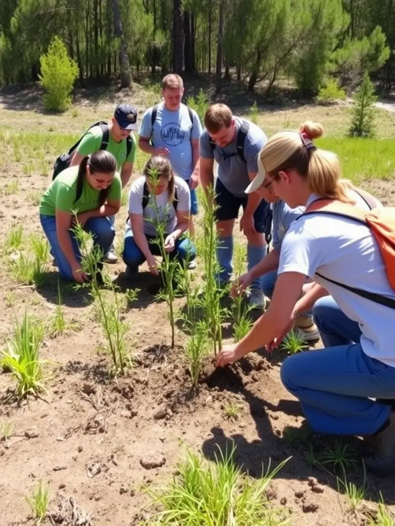 A photograph of association members participating in a habitat restoration project, planting trees and improving the natural environment for local wildlife.