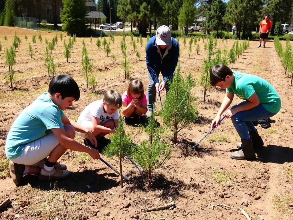A group of volunteers planting trees in a deforested area, symbolizing habitat restoration efforts by ASSOCIATION COMMUNALE DE CHASSE AGREEE D'AUZERS.