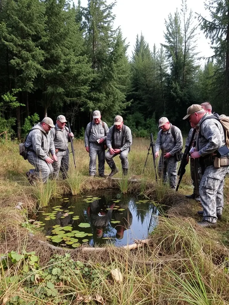 A photograph depicting a group of hunters participating in a wildlife census activity in the Auzers region, showcasing responsible data collection and conservation efforts.