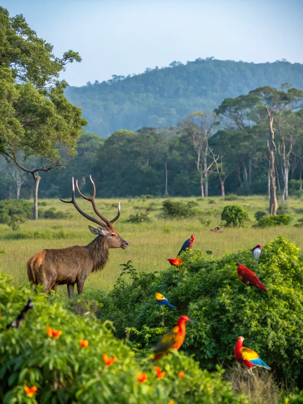 A serene image of a healthy deer population grazing in a protected forest area, showcasing the positive impact of wildlife management efforts by ASSOCIATION COMMUNALE DE CHASSE AGREEE D'AUZERS.