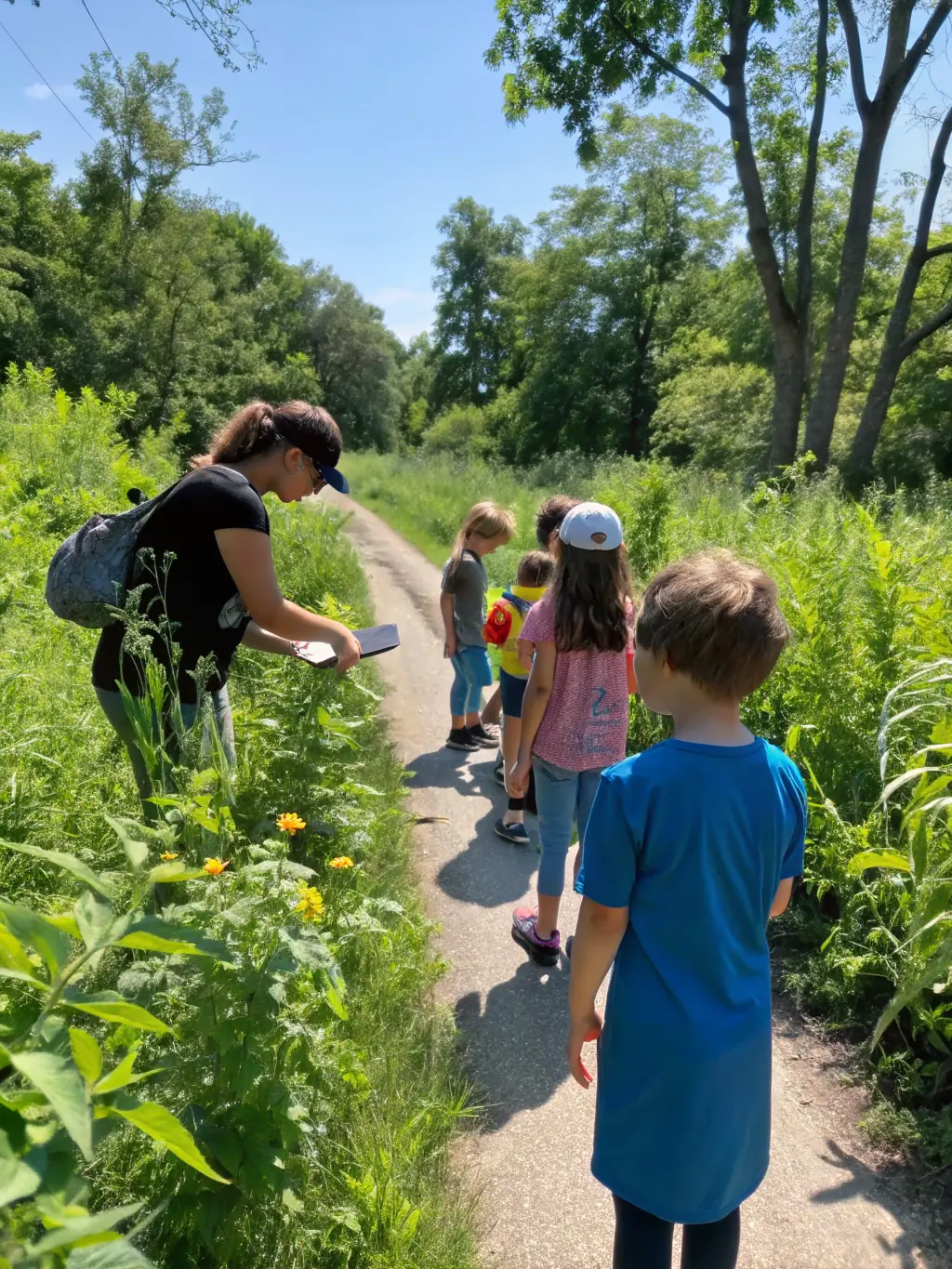 A group of children learning about wildlife tracking in a forest setting, with an instructor pointing out animal footprints in the mud. The scene is educational and engaging, emphasizing hands-on learning about nature.