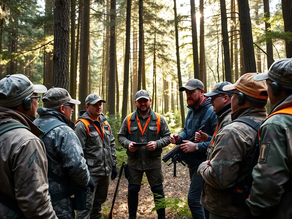 A photograph of hunters participating in a training session on ethical hunting practices, organized by ASSOCIATION COMMUNALE DE CHASSE AGREEE D'AUZERS.